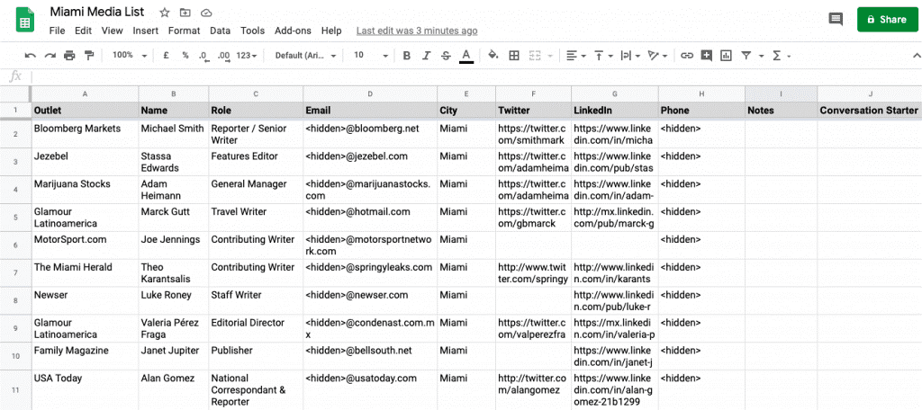Screenshot of a PR email list that allows PR pros to send a media pitch email