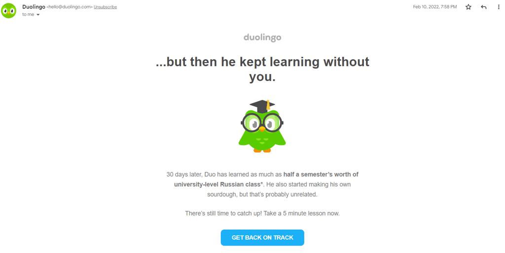 Email from Duolingo shows green owl with spectacles and graduation cap on a white background.