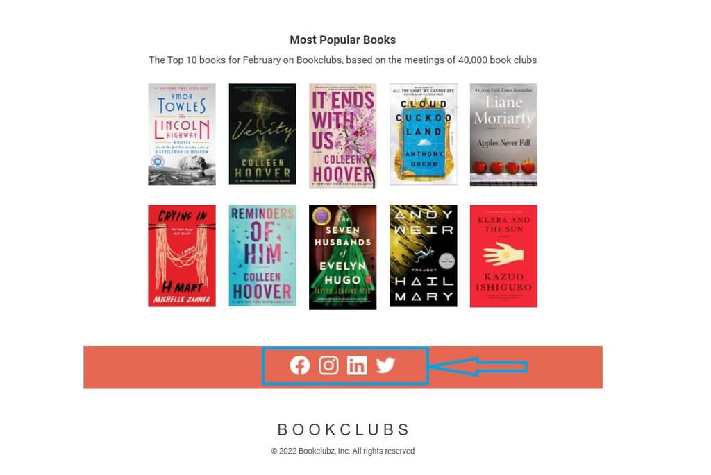 An ad for Book clubs displaying 10 popular books and the social media icons at the bottom are highlighted. 