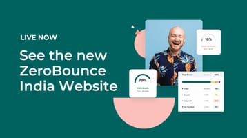 Green background with text that says "see the new ZeroBounce India website." Shows screenshots from website and photo of bald man in Hawaiian shirt.
