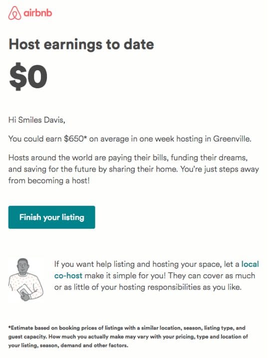 airbnb shows earning potential as a FOMO in this re-engagement email.