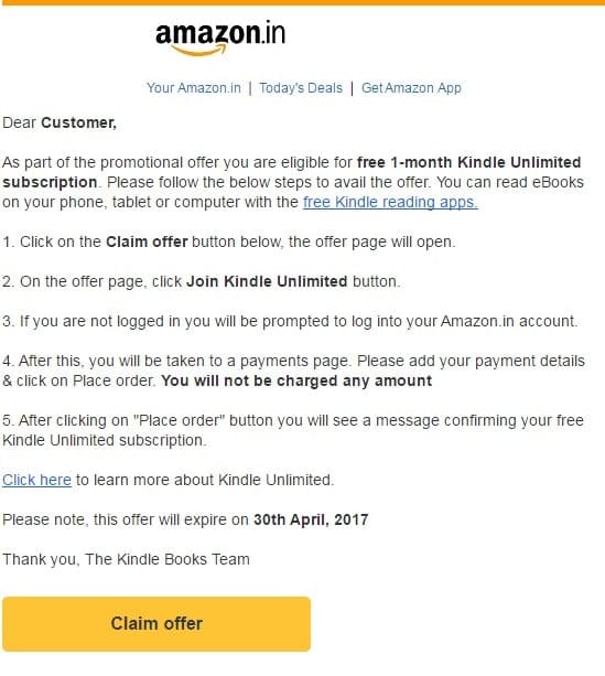 Amazon email marketing offering a promotion of 1 month free Kindle unlimited subscription. 