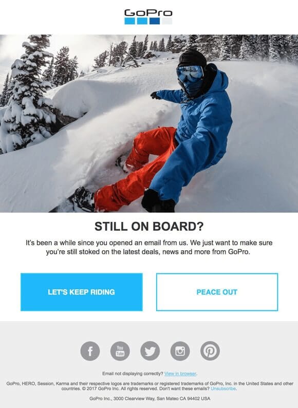 Email from GoPro shows a snowboarder in a winter landscape. The text asks the subscriber if they are still on board?