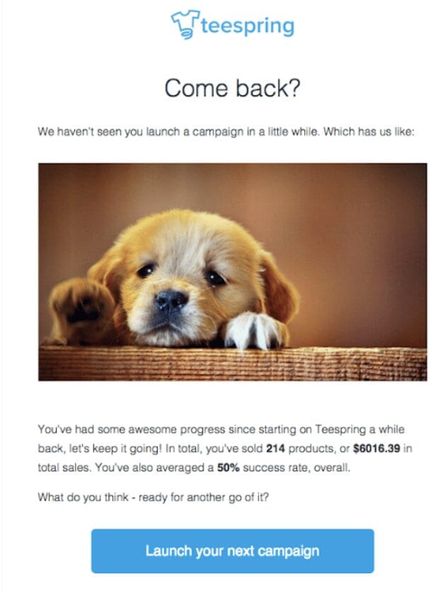 Teespring welcomes readers to "Come back?" Pictured is a photograph of a yellow lab puppy. 
