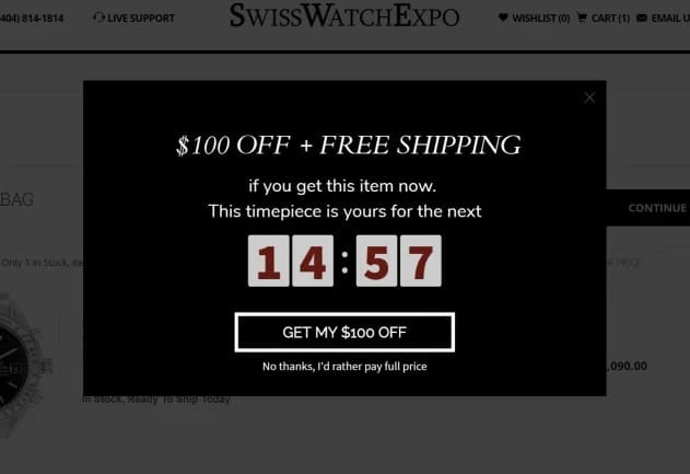 SwissWatchExpo example with $100 off and free shipping if the client orders within a specific amount of time. Learn how to use email coupons
