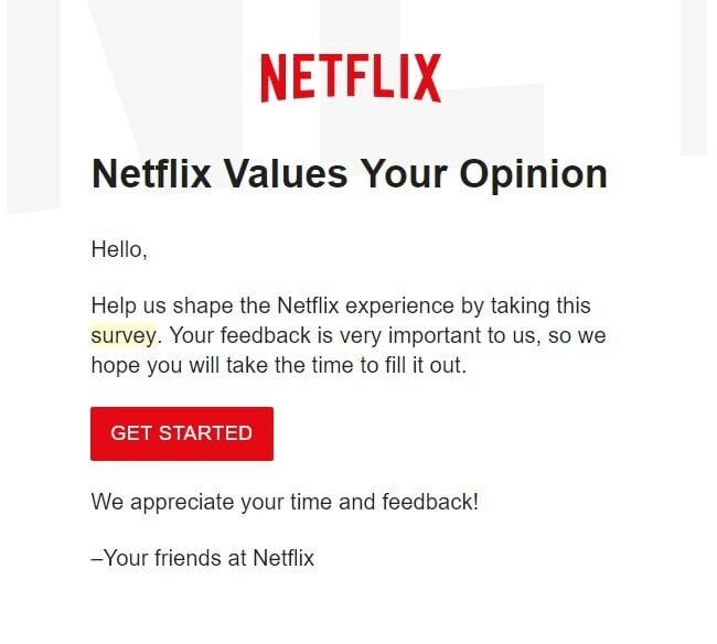 Re-engagement email from Netflix attempts to inspire recipients to begin using the service again.