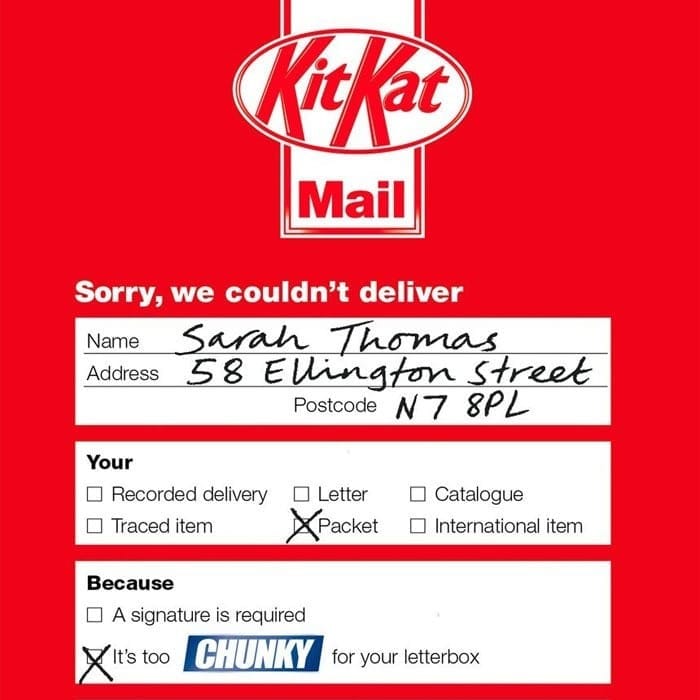 KitKat candy bar image on red background is designed to look like missed package notice left by mail carrier.