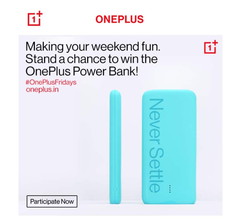 OnePlus ad with a light blue mobile phone with Never Settle words on the cover. 