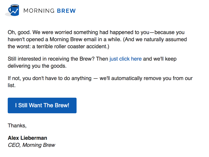 Screenshot of Morning Brew re-engagement email.