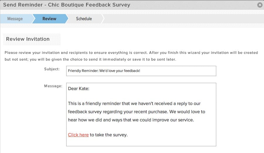 customer survey example of sending a reminder to the customer to please take their survey and give feedback. 