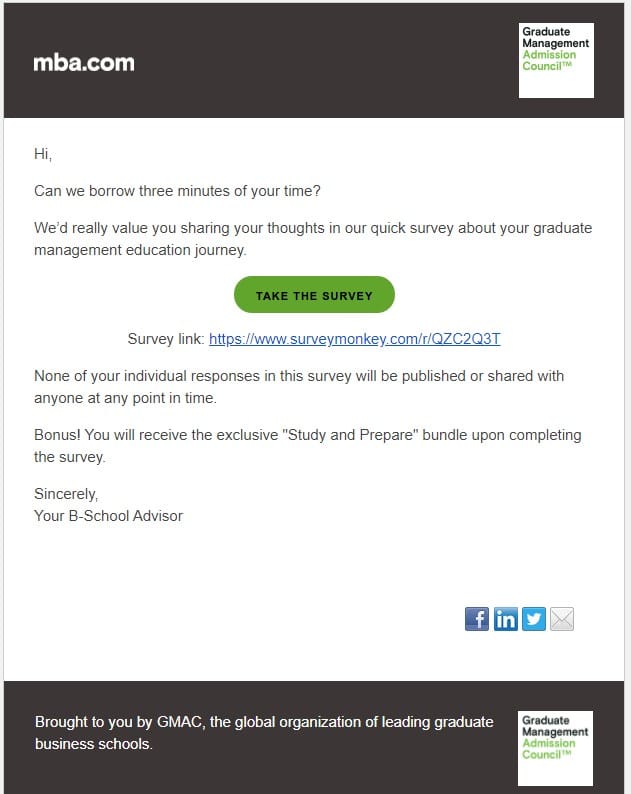 survey request emails example from mba.com asking a customer if they can borrow 3 minutes of their time for them to take a survey. 