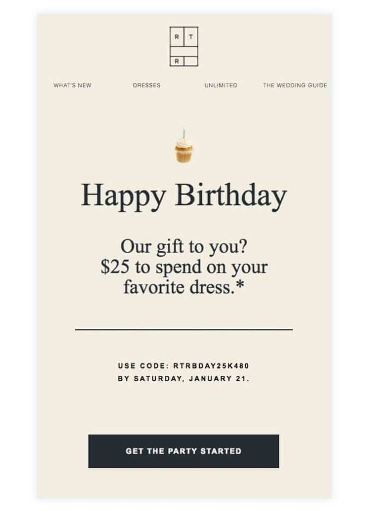 marketing tips example with Birthday offer of $25 to spend on their favorite dress. 