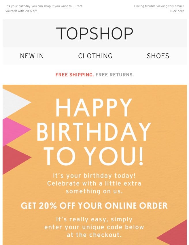 emails for customer retention example from TopShop which states Happy Birthday To You! 