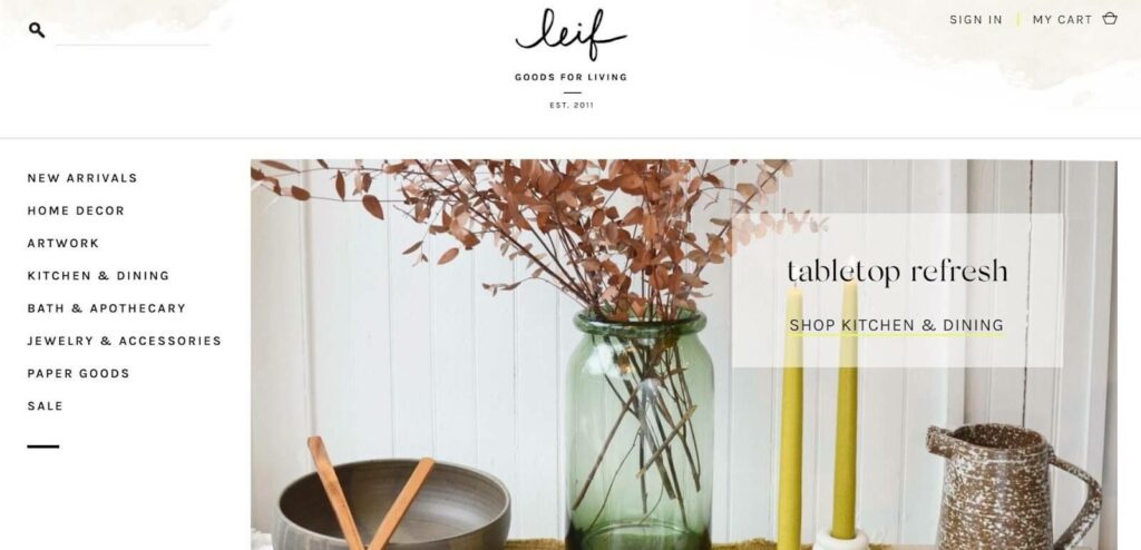 small business homepage design example from Leif Goods for Living. 