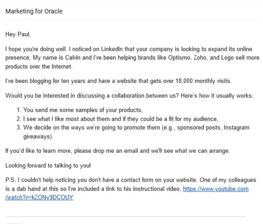 Example of an email from a person who is advertising his product to a company that is looking to expand and has mentioned it on LinkedIn. 