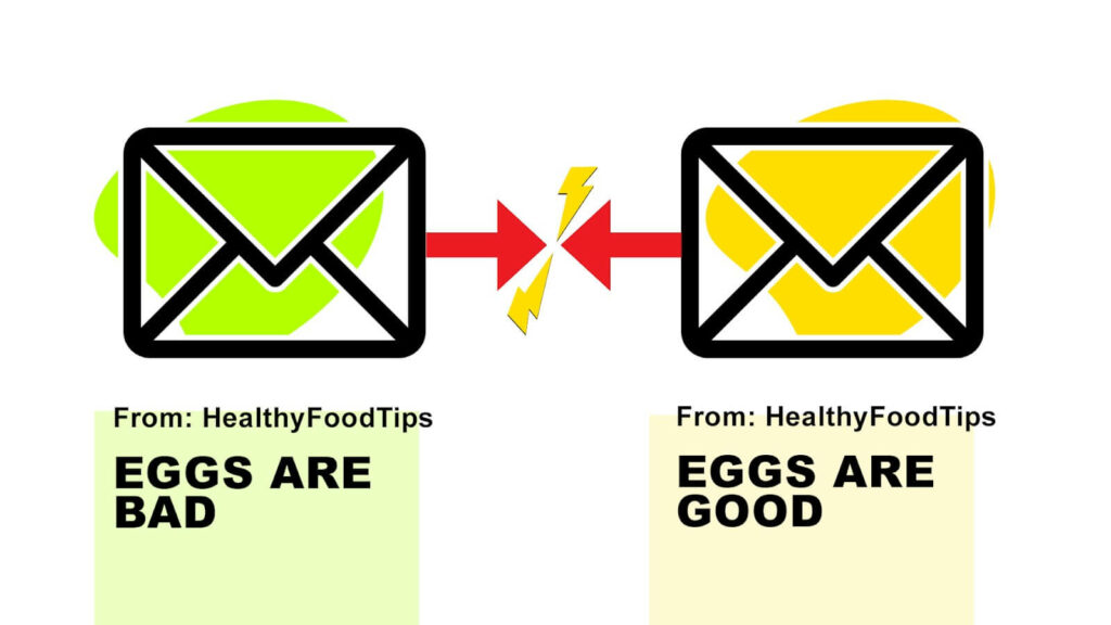 email marketing tips example with two emails clashing with different titles, Eggs are bad and Eggs are good. 