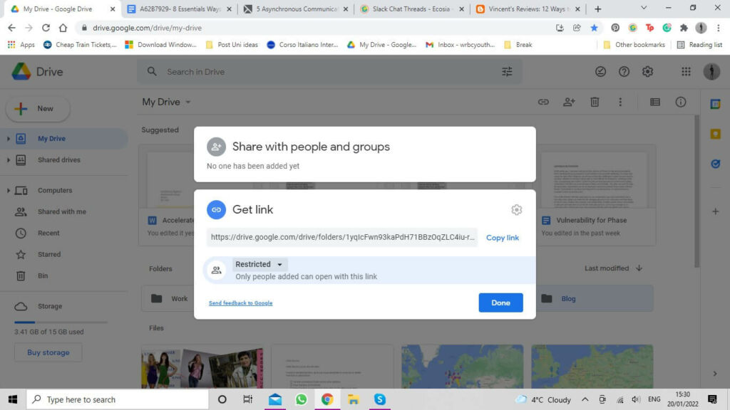An image of Google Docs pop up window asking if you want to share with people and groups, Get the Link 