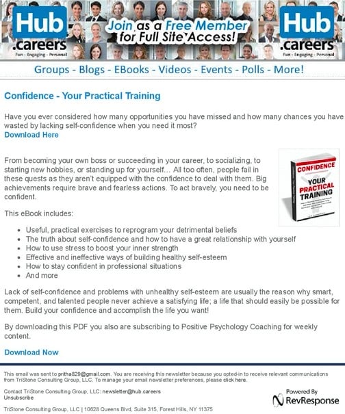 hub careers example ad about confidence and practical training. 