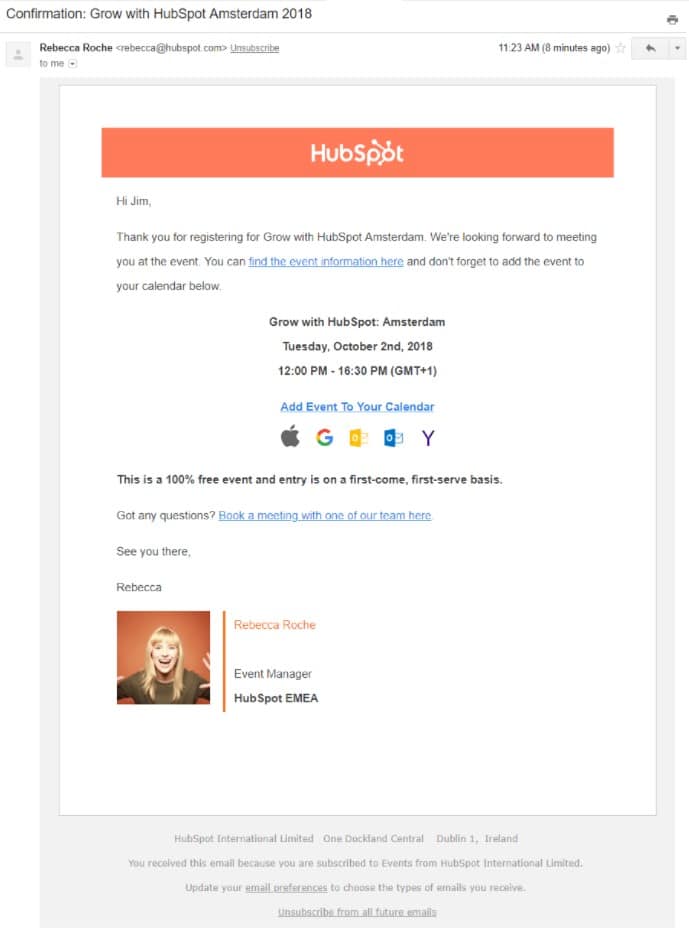 HubSpot email campaign thanking a client for registering. 