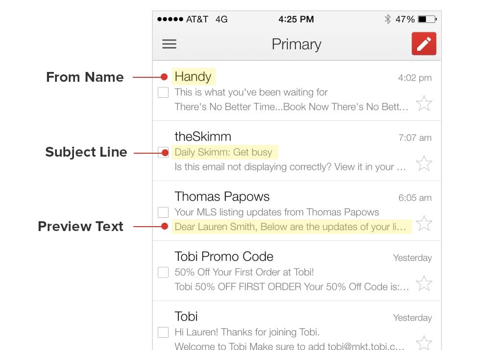 An example of an email describing where to find the name, subject line and preview text on the mobile version.