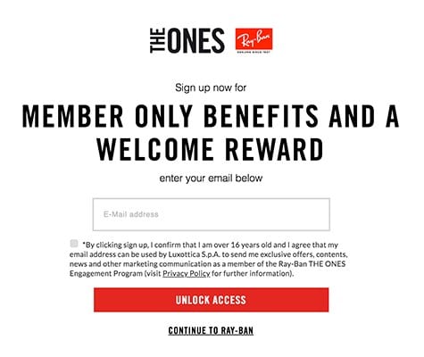 Ray Ban email signup form offering member only benefits and a welcome reward.