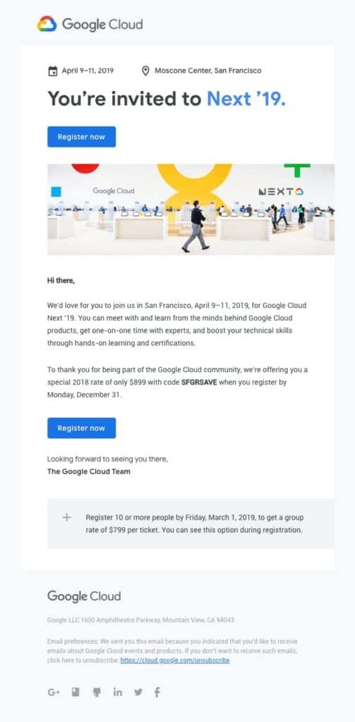 Google Cloud email inviting the recipient to the Next 19 event. Header image of a man walking into an open space office. Copy placed on white background with blue call to action button at the bottom