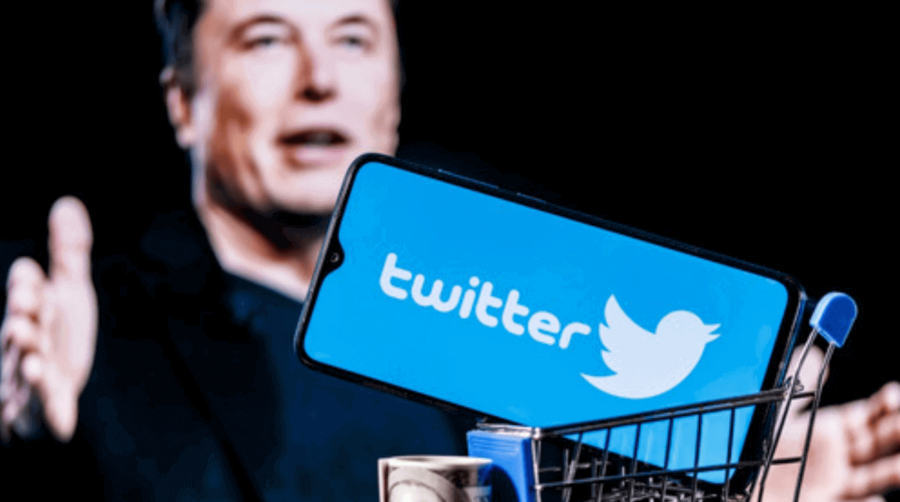Image of entrepreneur Elon Musk and Twitter logo on a black background