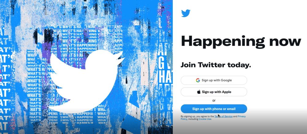 Image showing the landing page for twitter sign-ups. On the right there are three calls-to-action on a white background, promoting users to sign up for Twitter. On the left, Twitter's bird logo on a blue background.