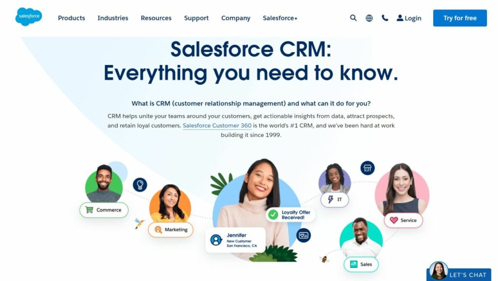 Screenshot of a Salesforce website page describing the company's customer relationship management services. Pictures of actual users and colorful elements on white background.