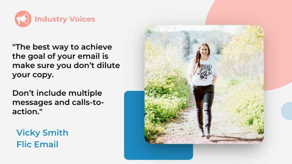 Email marketing expert Vicky Smith walks in nature. Quote on copywriting. Blue and pink elements on gray background.