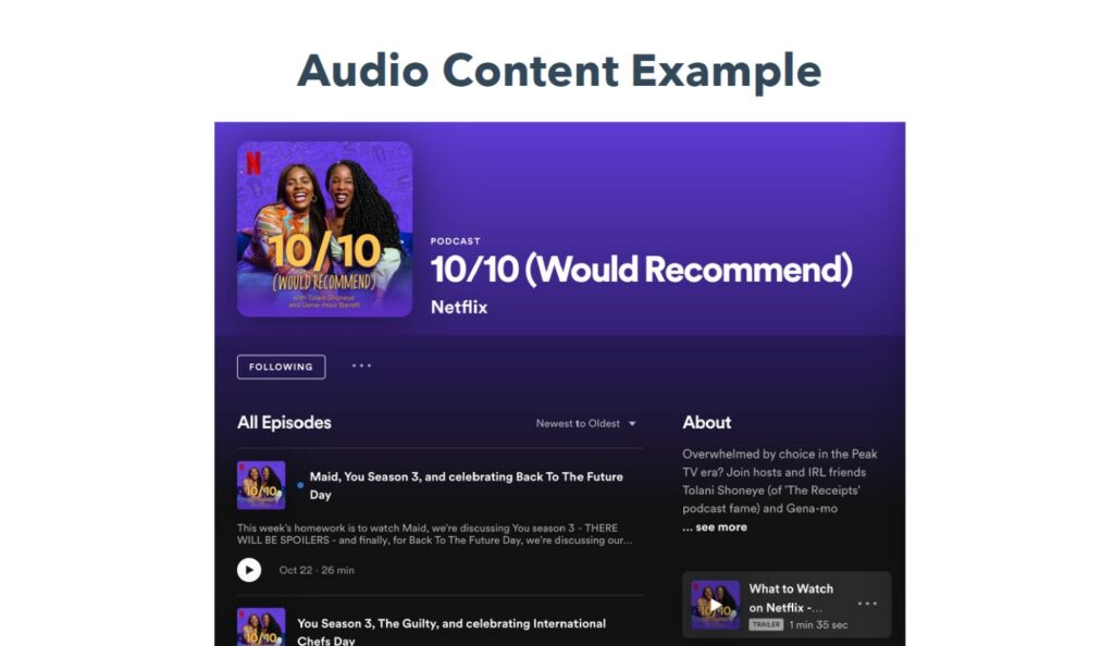 Image showing example of audio content: a screenshot of a website showcasing a Netflix podcast description, with a picture of two young African-American women.