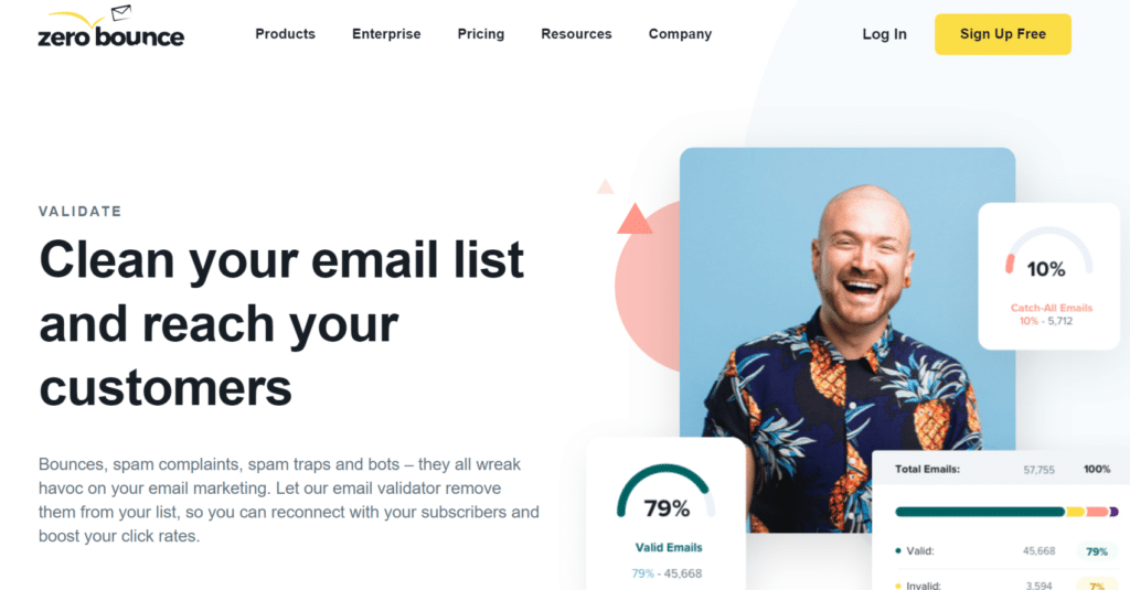 Screenshot of the ZeroBounce email validation landing page. Picture of Caucasian young man smiling and wearing a Hawaiian shirt.