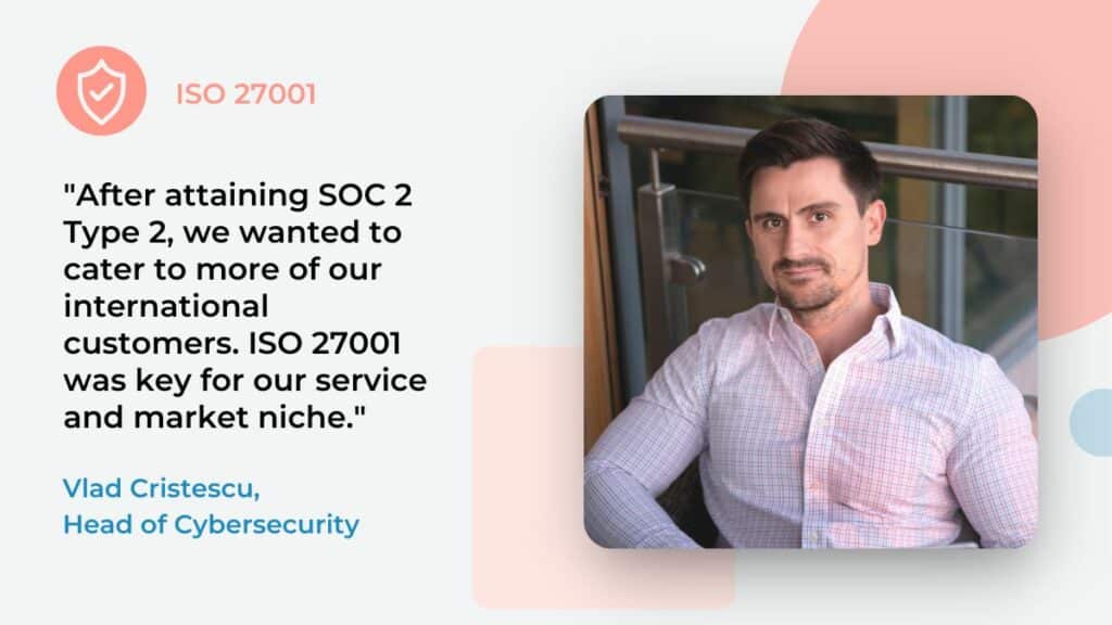 Picture of ZeroBounce Head of Cybersecurity Vlad Cristescu talking about recent ZeroBounce ISO 27001 and SOC 2 type 2 certifications. Light pink elements on light gray background.